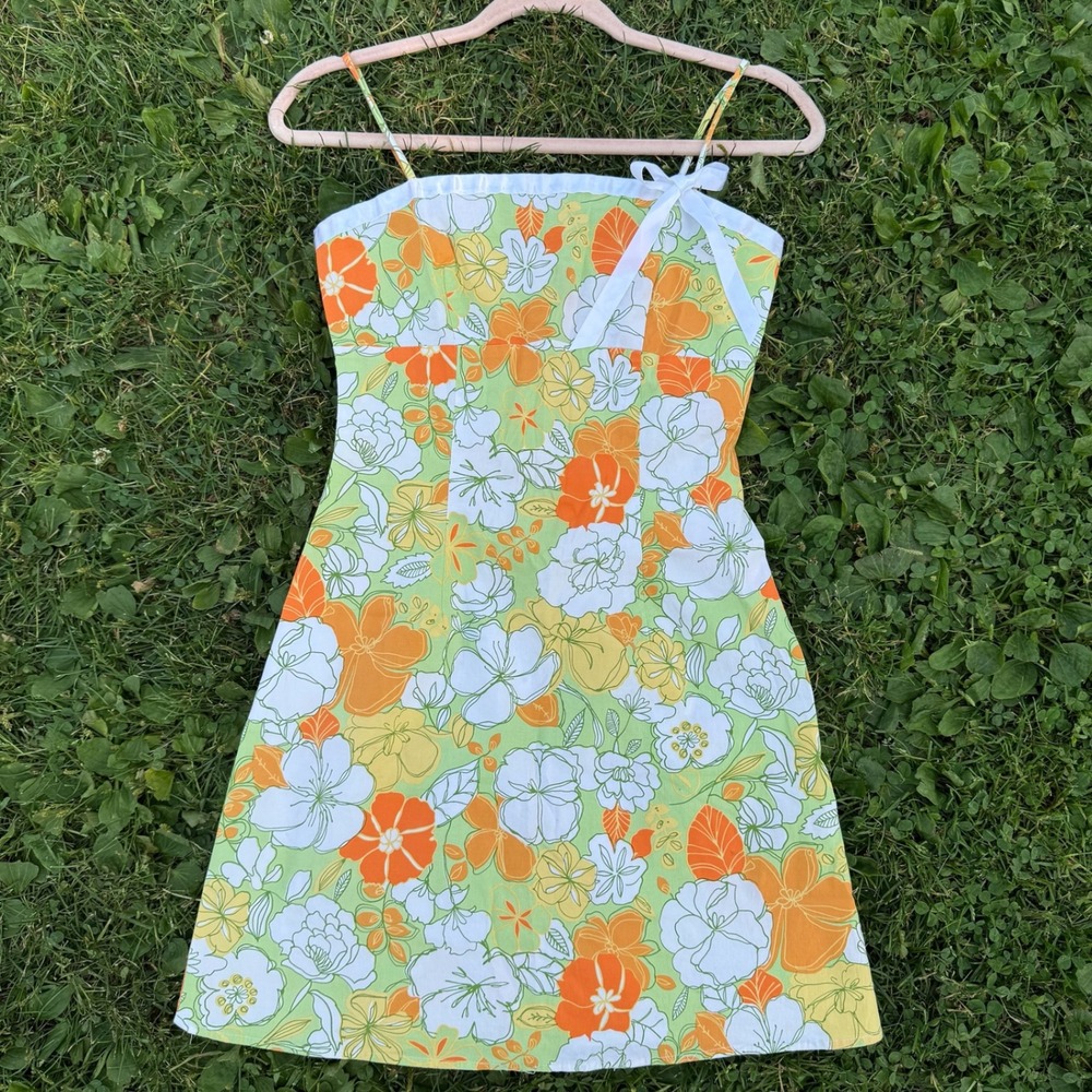 Pulse Floral Mini Dress S Green Orange Y2K Spaghetti Strap Satin Bow Sundress